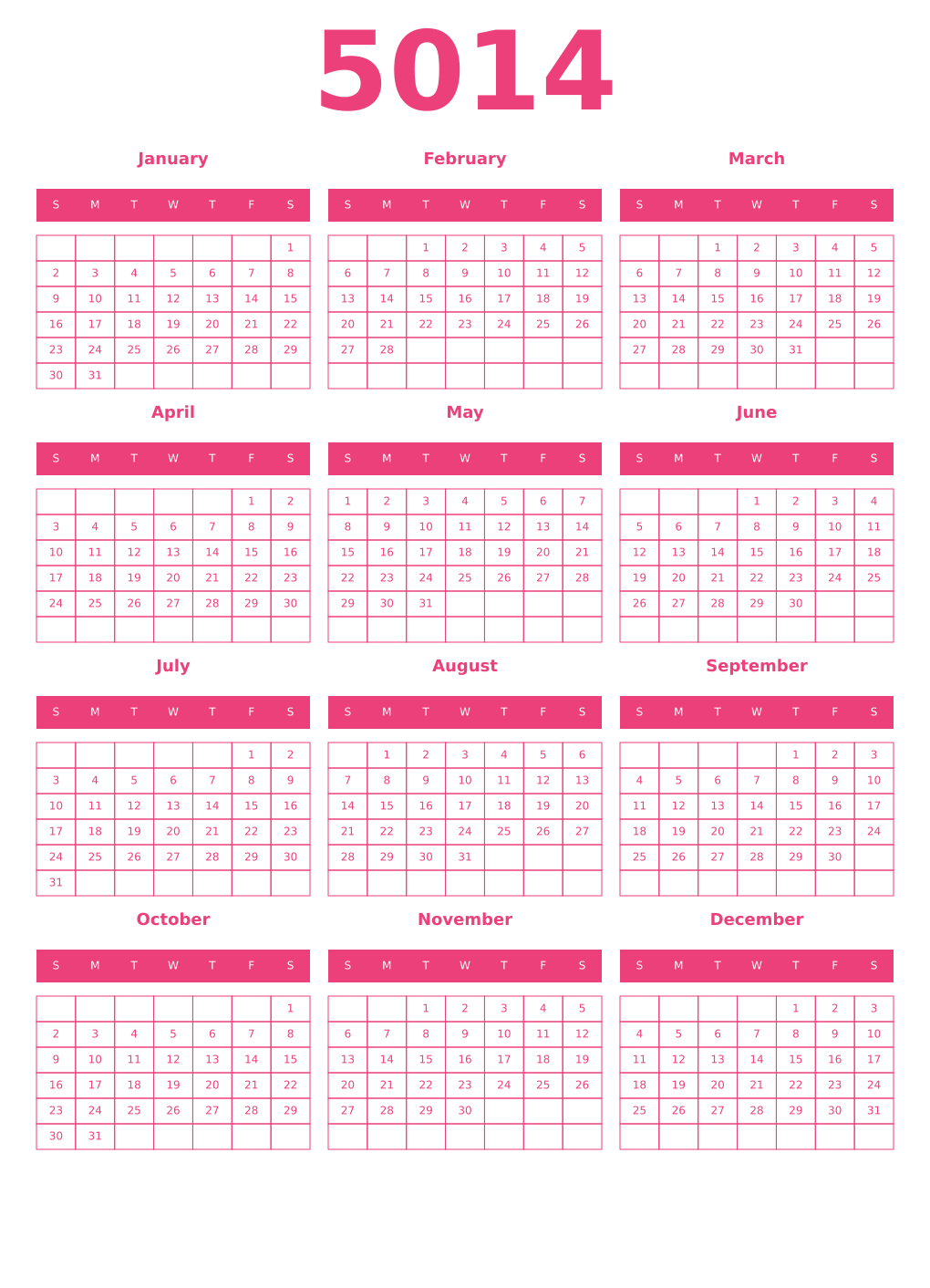 Printable 5014 Year Calendars pink