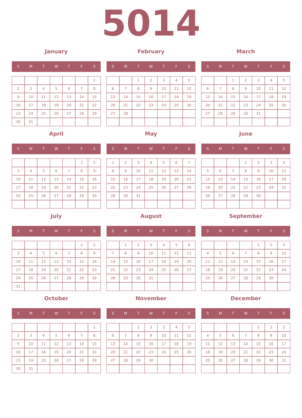 Printable 5014 Year Calendars puce