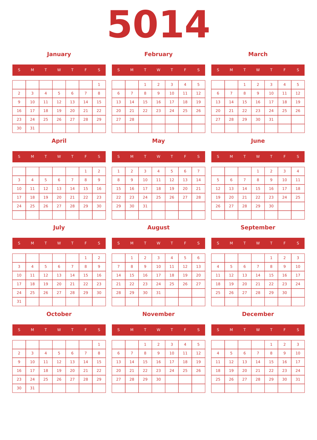 Printable 5014 Year Calendars red