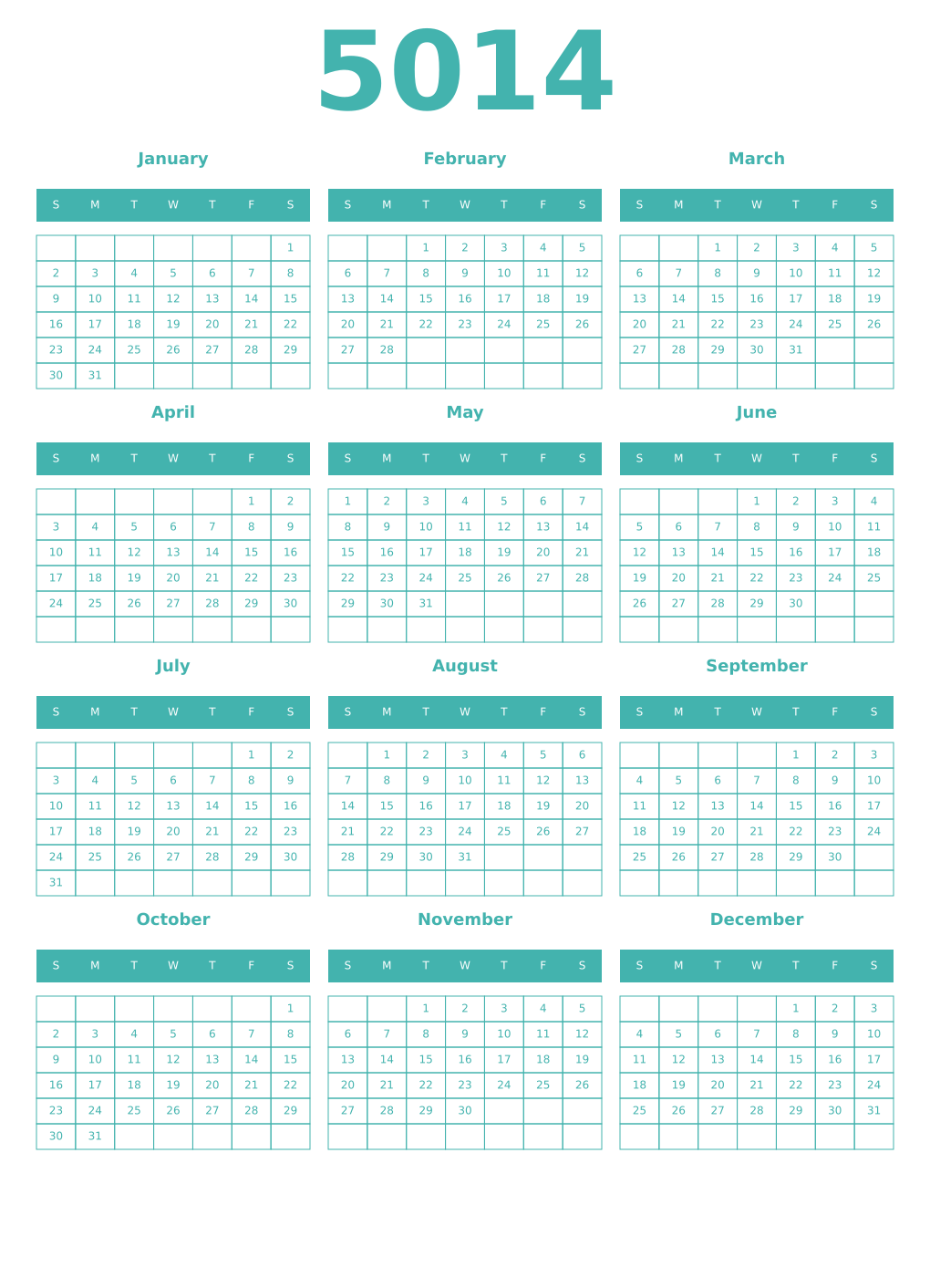 Printable 5014 Year Calendars verdigris