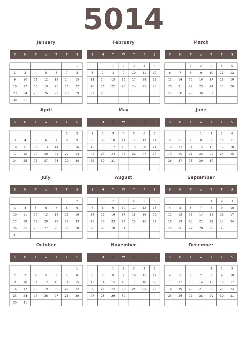 Printable 5014 Year Calendars wenge