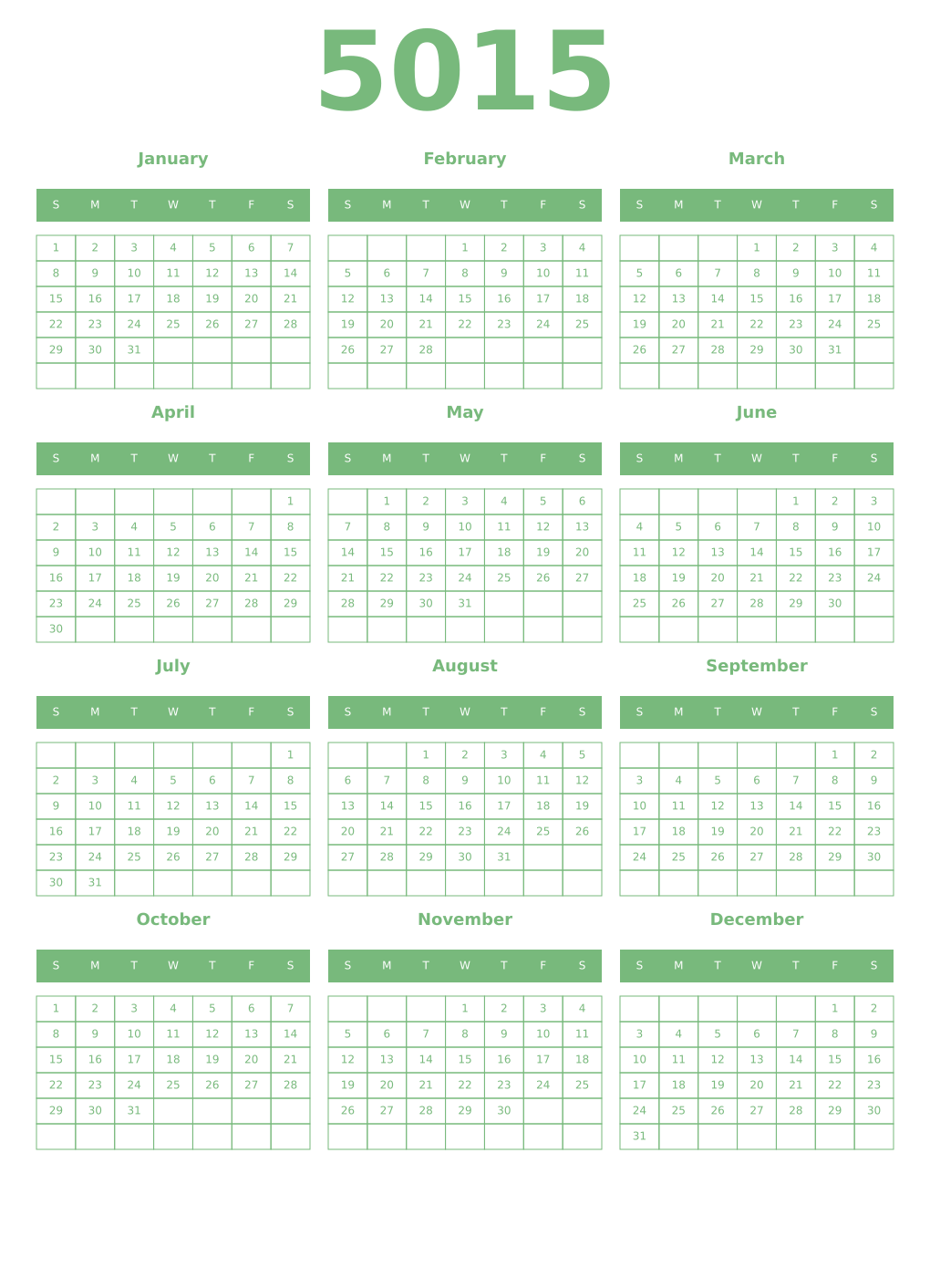 Printable 5015 Year Calendars celadon