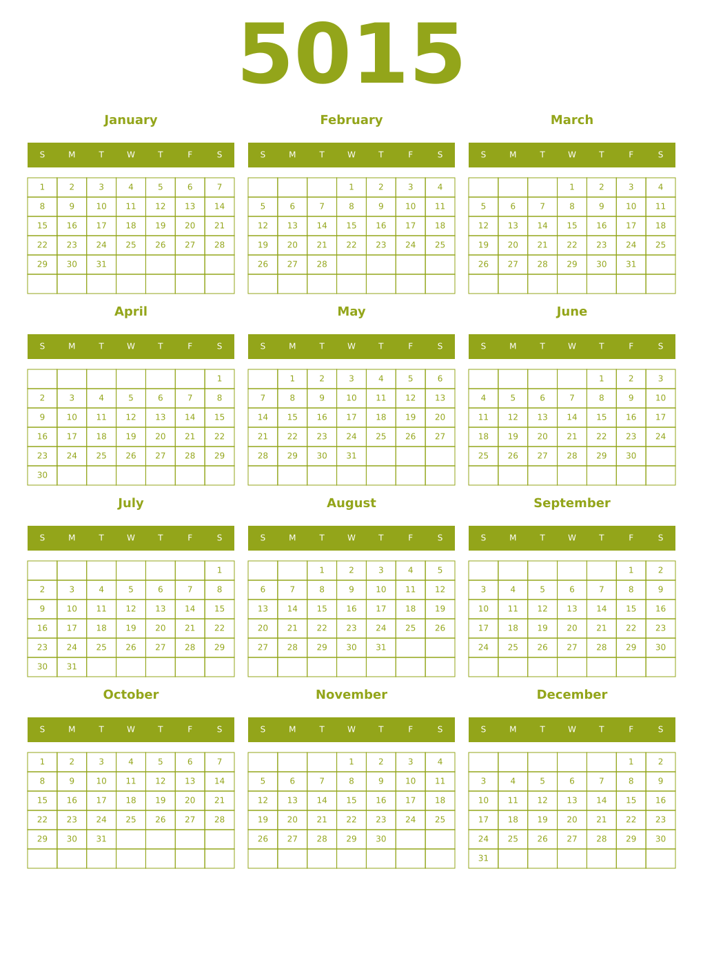 Printable 5015 Year Calendars chartreuse