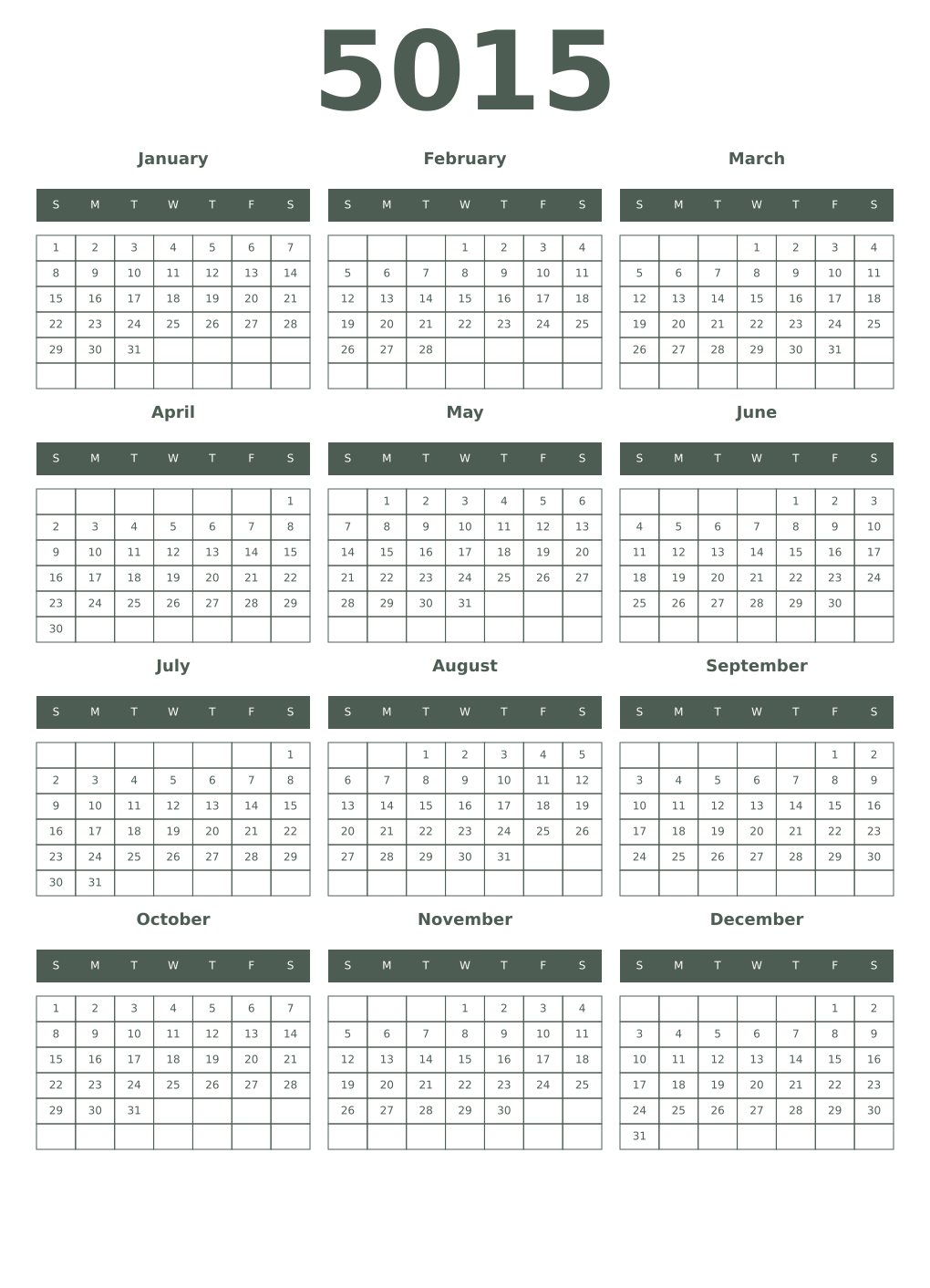 Printable 5015 Year Calendars feldgrau