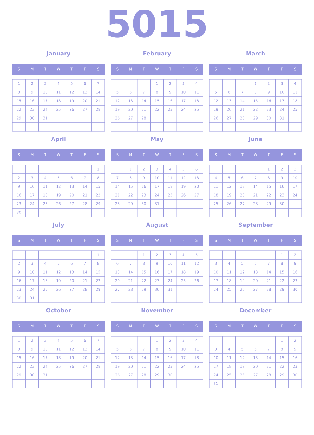 Printable 5015 Year Calendars periwinkle