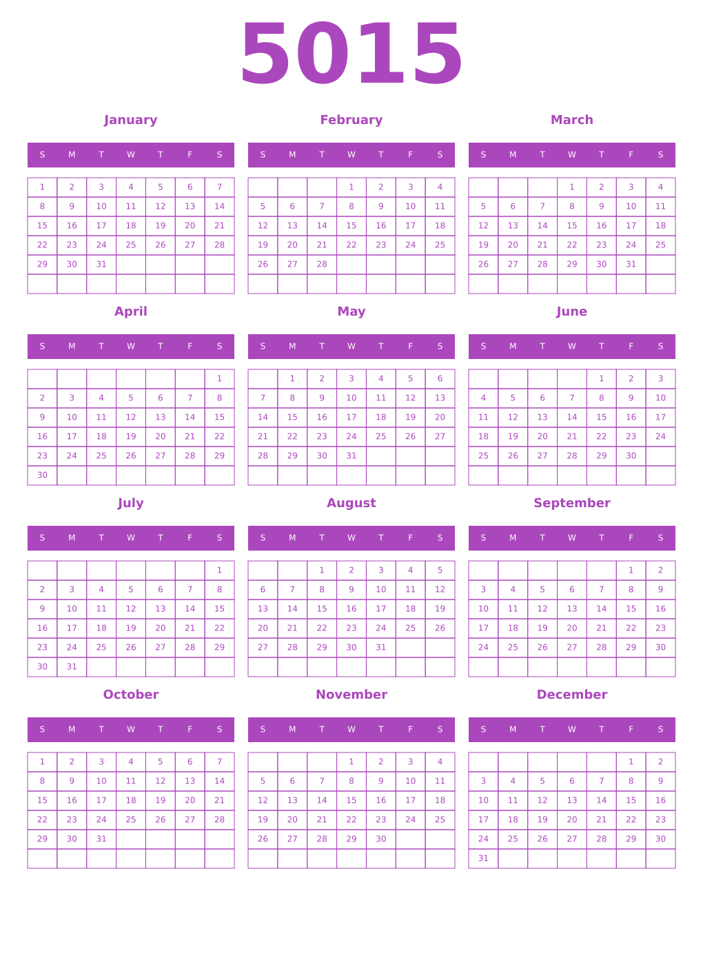 Printable 5015 Year Calendars purple