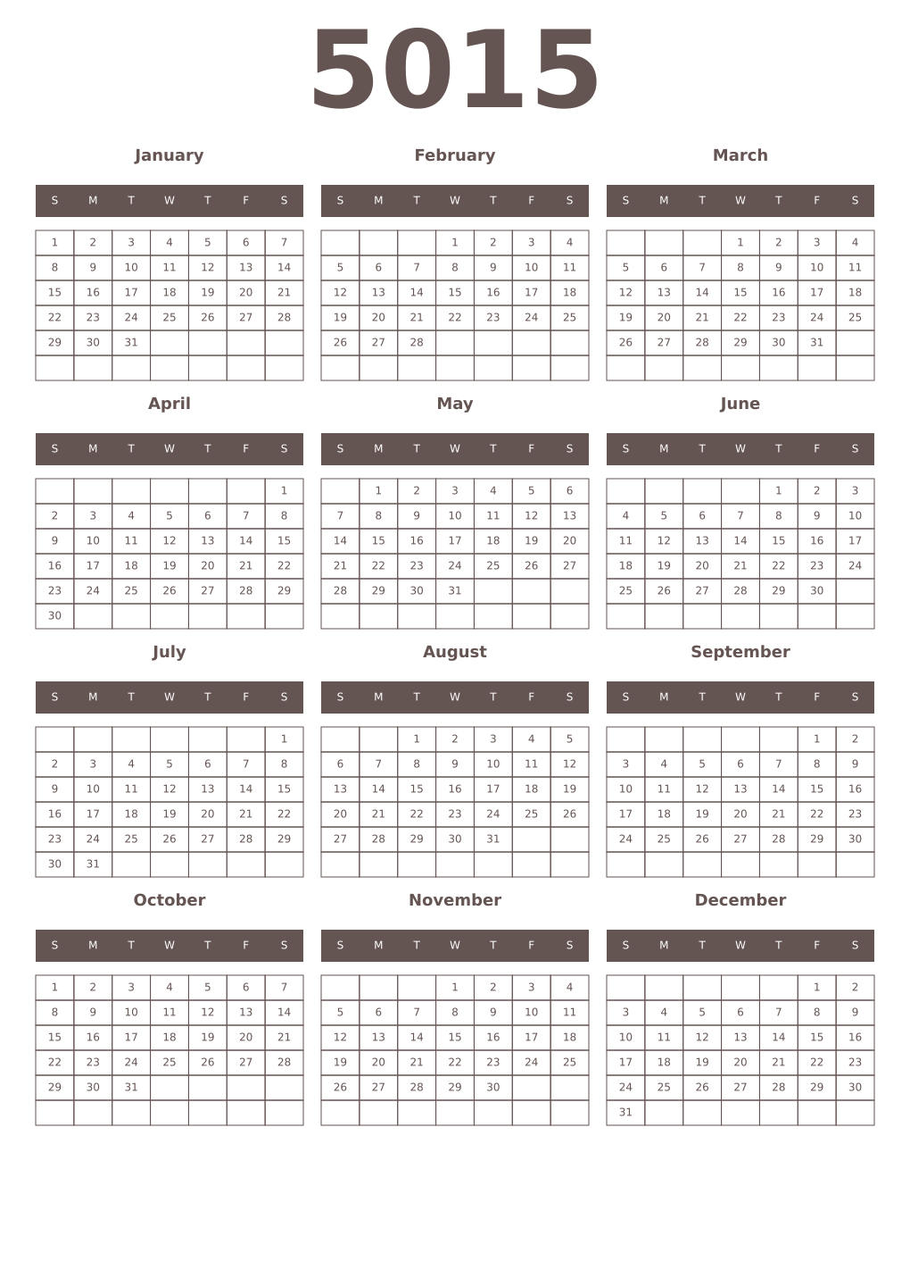 Printable 5015 Year Calendars wenge