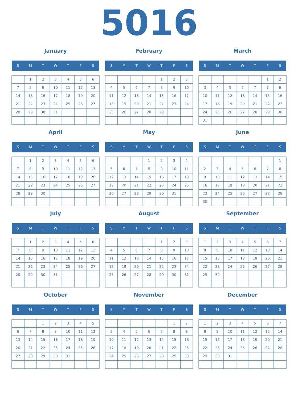 Printable 5016 Year Calendars blue