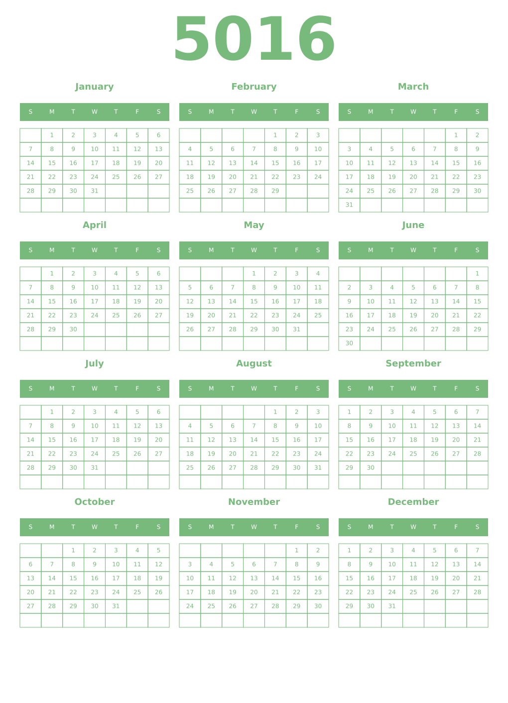 Printable 5016 Year Calendars celadon