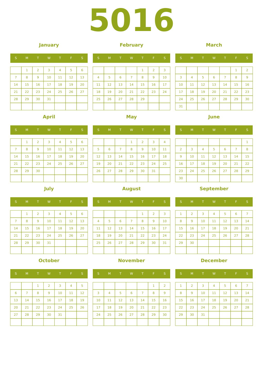Printable 5016 Year Calendars chartreuse