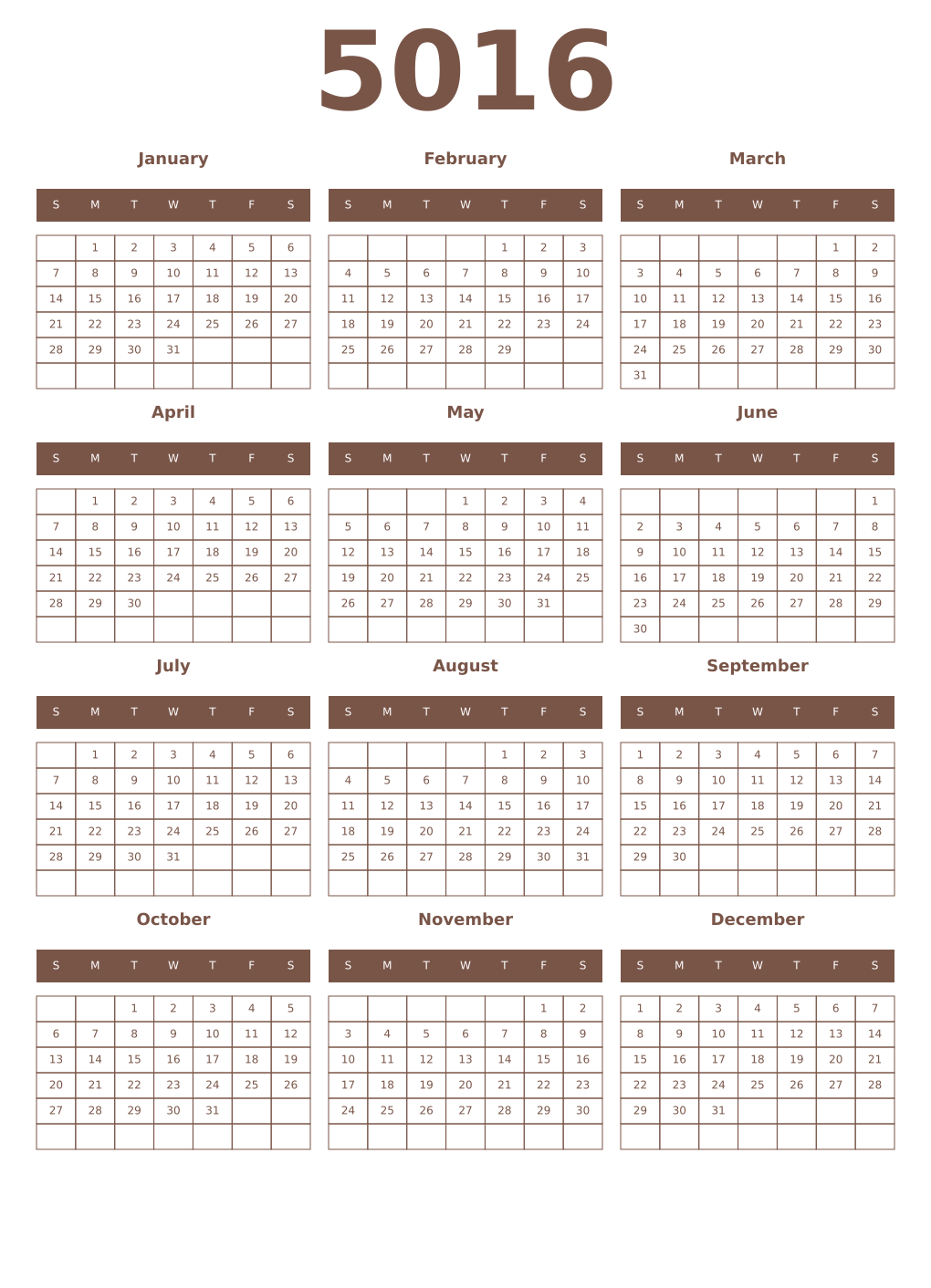 Printable 5016 Year Calendars coffe
