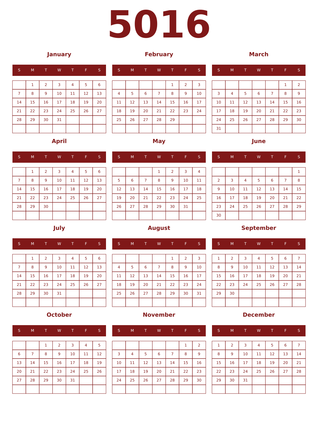 Printable 5016 Year Calendars falu