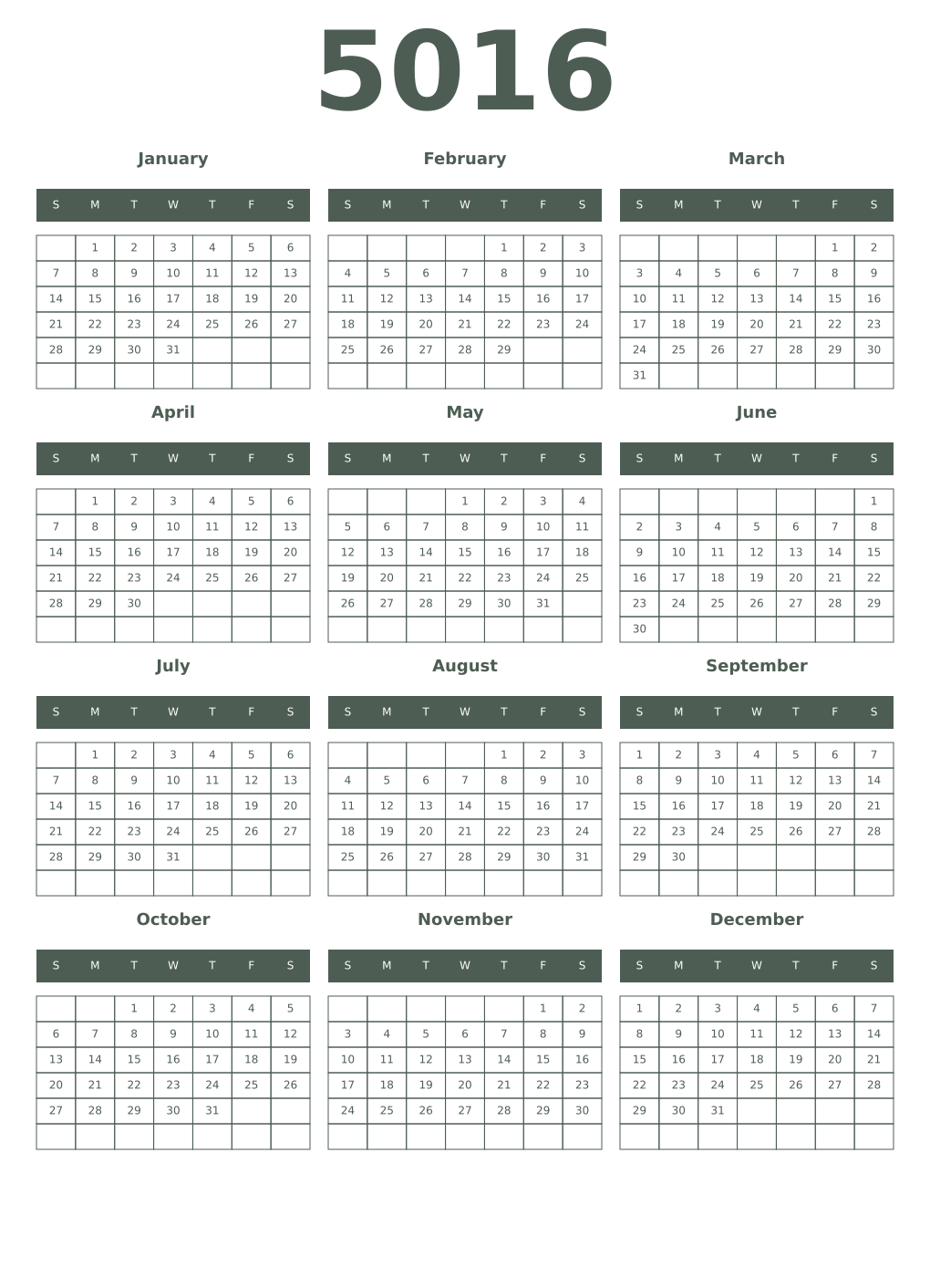 Printable 5016 Year Calendars feldgrau