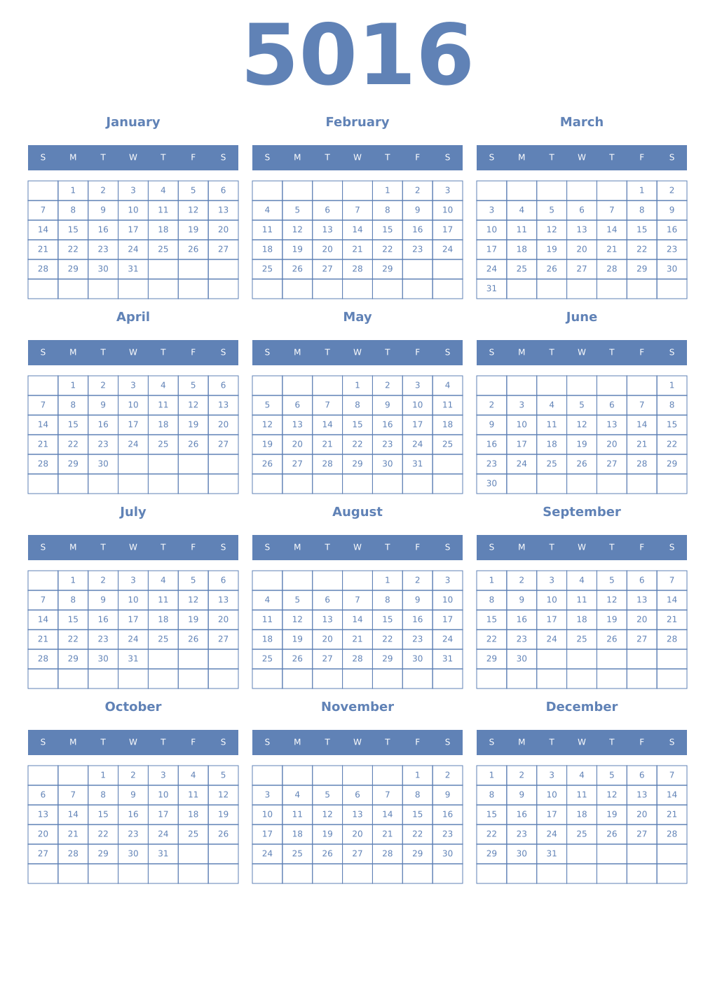 Printable 5016 Year Calendars glaucous