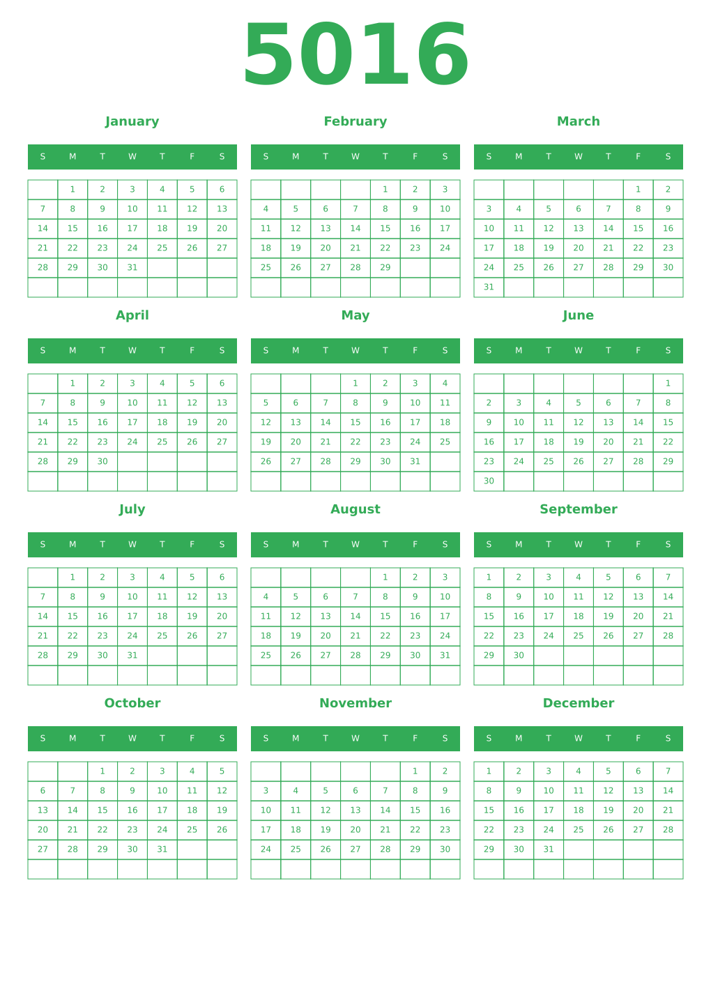 Printable 5016 Year Calendars green