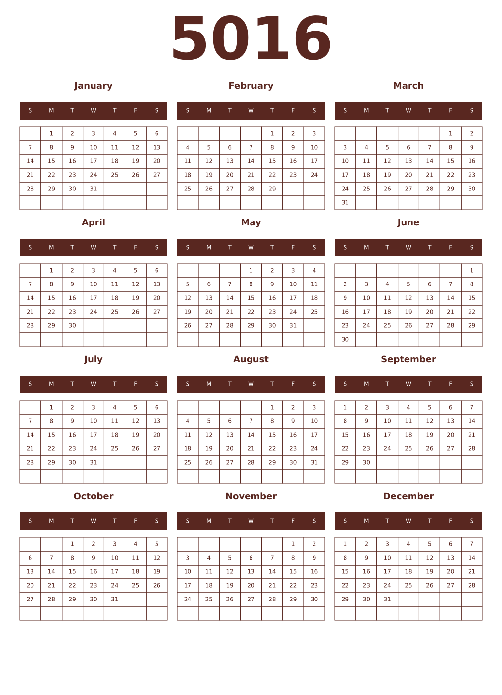 Printable 5016 Year Calendars mortuum