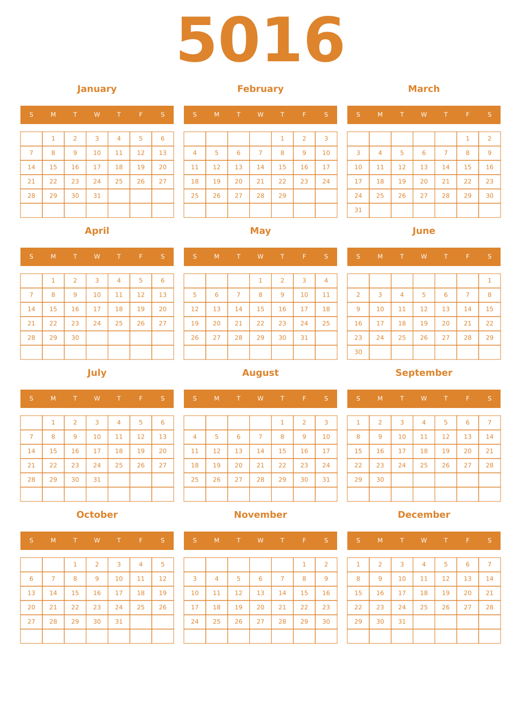 Printable 5016 Year Calendars orange