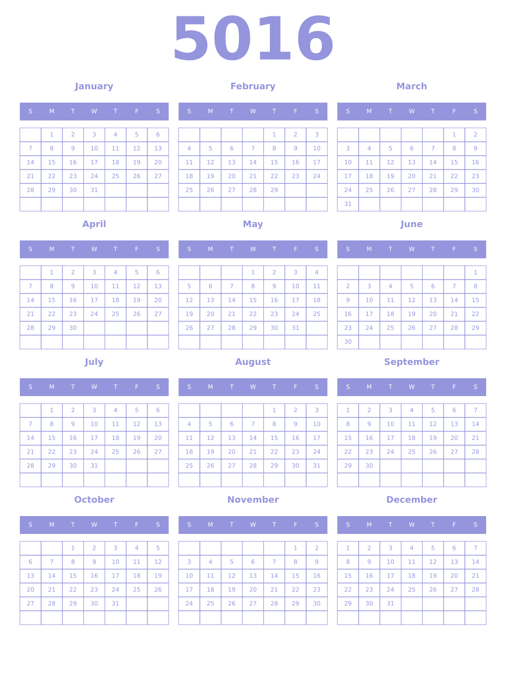 Printable 5016 Year Calendars periwinkle