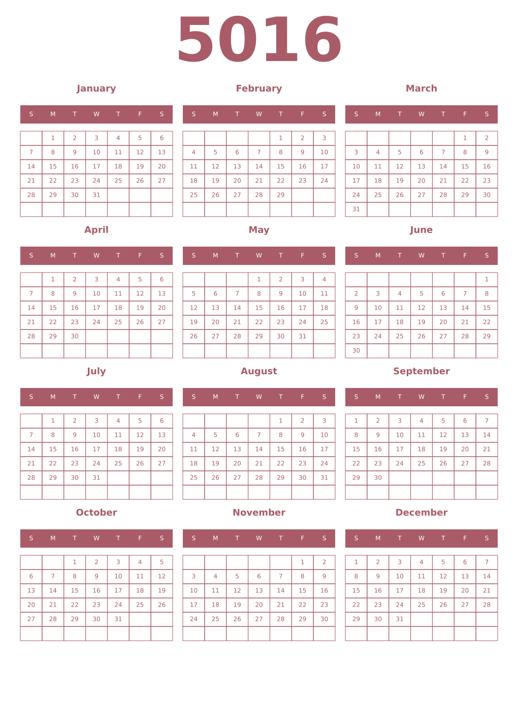 Printable 5016 Year Calendars puce