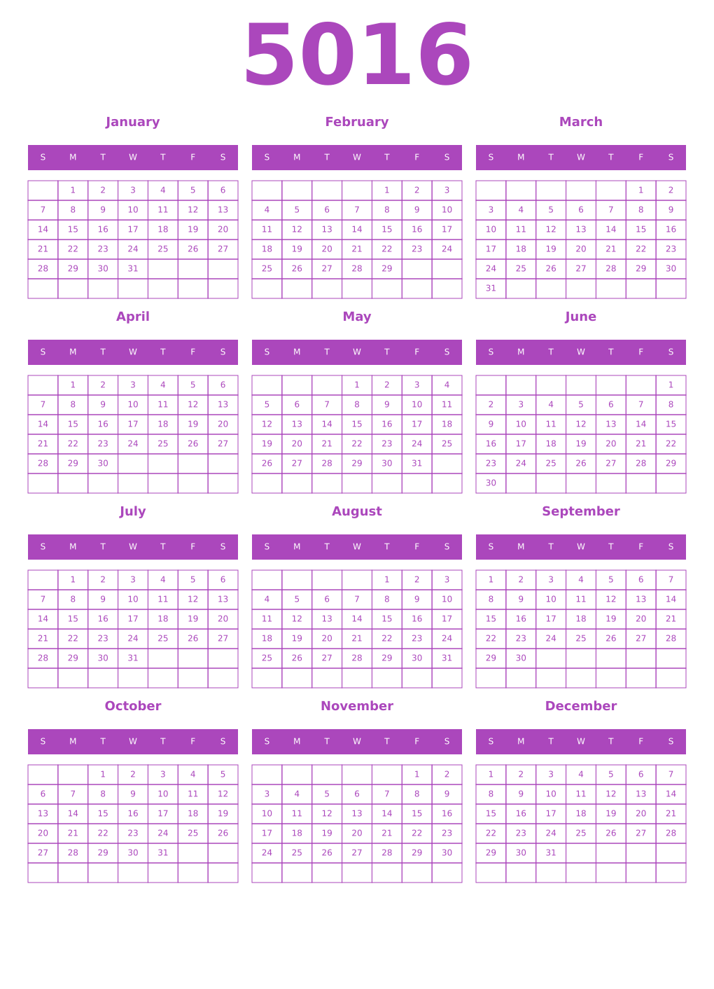 Printable 5016 Year Calendars purple