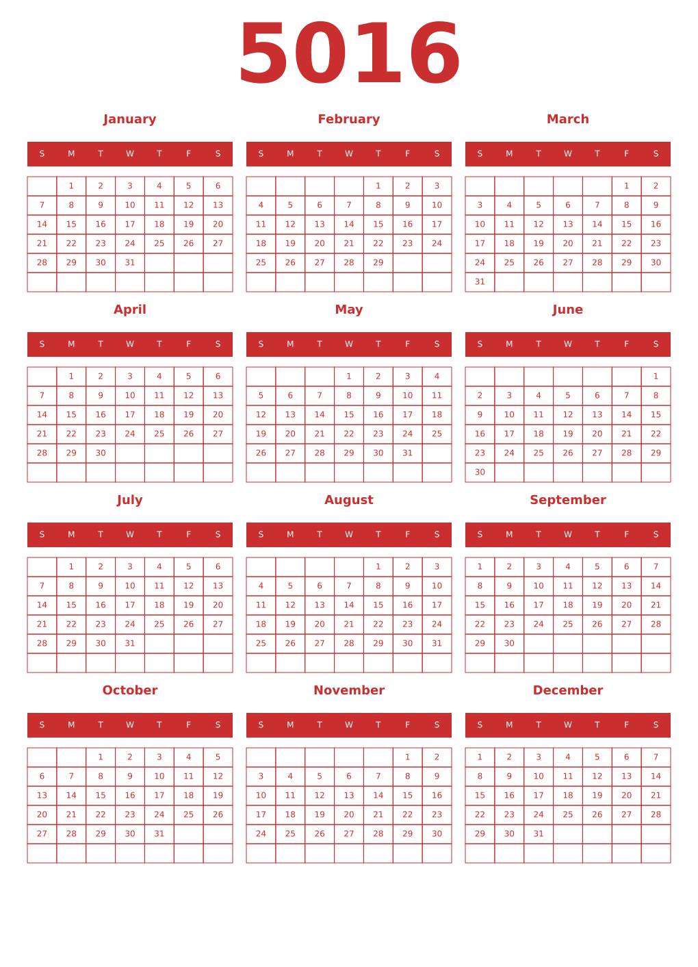 Printable 5016 Year Calendars red