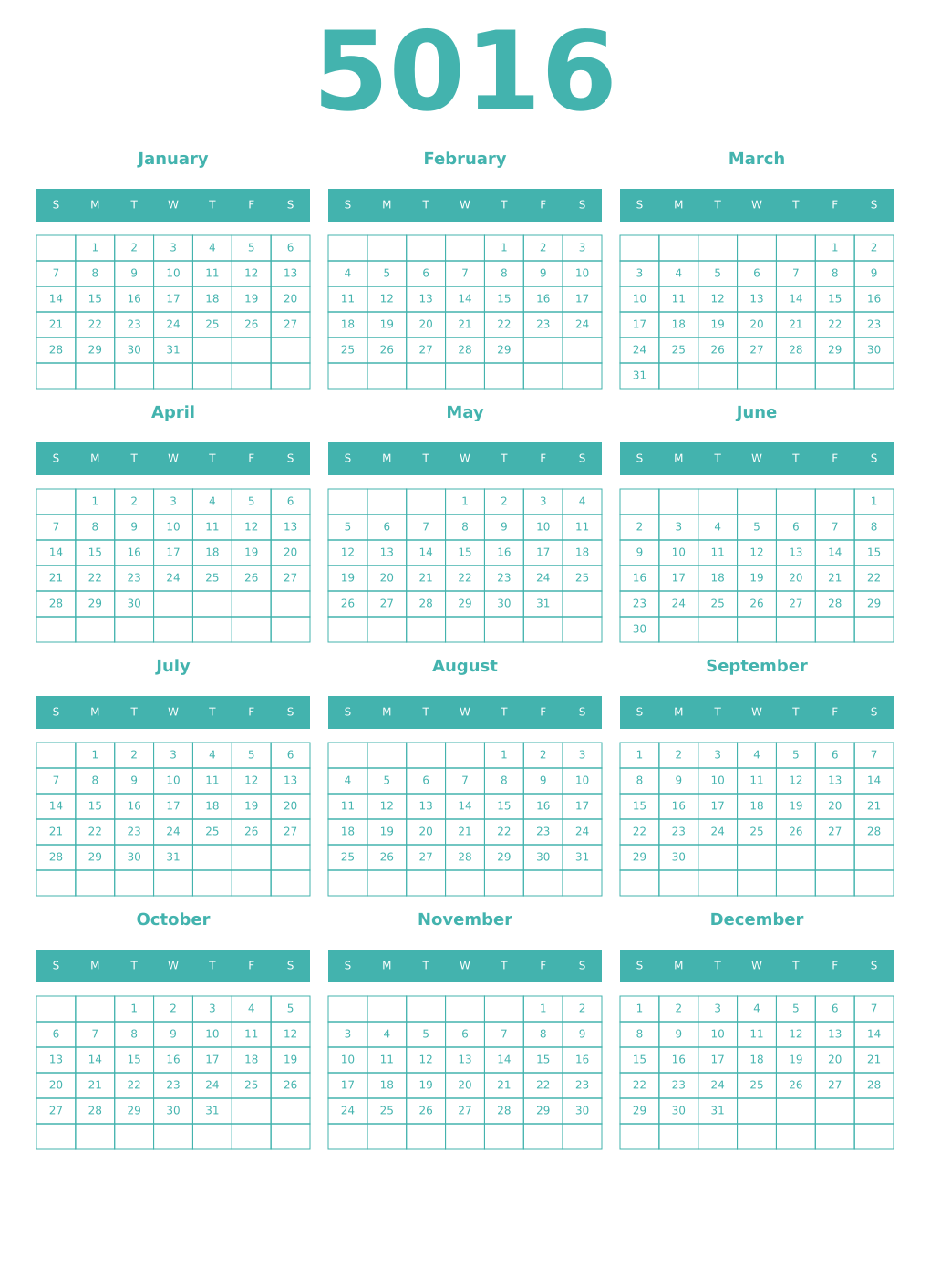 Printable 5016 Year Calendars verdigris