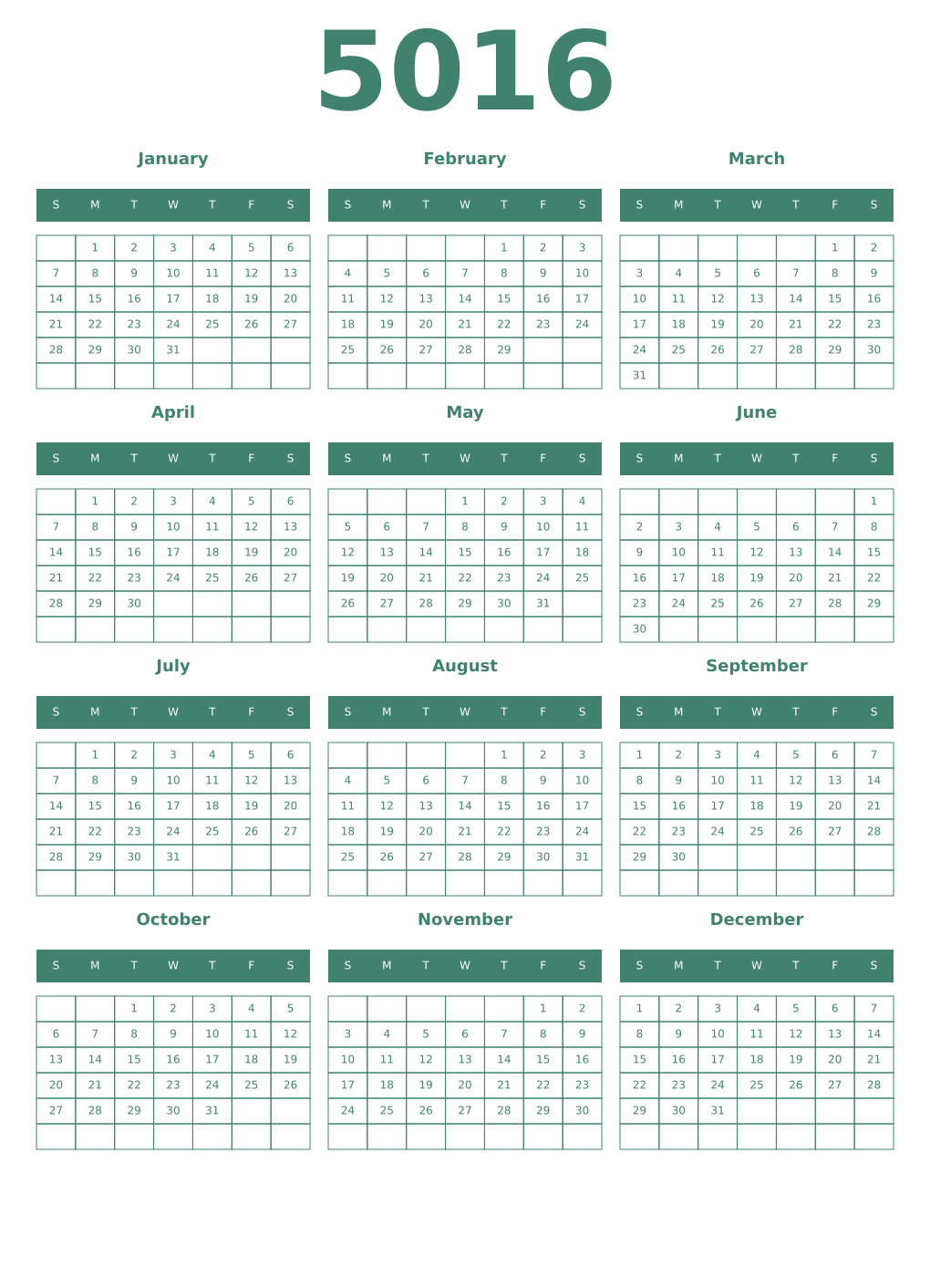 Printable 5016 Year Calendars viridian