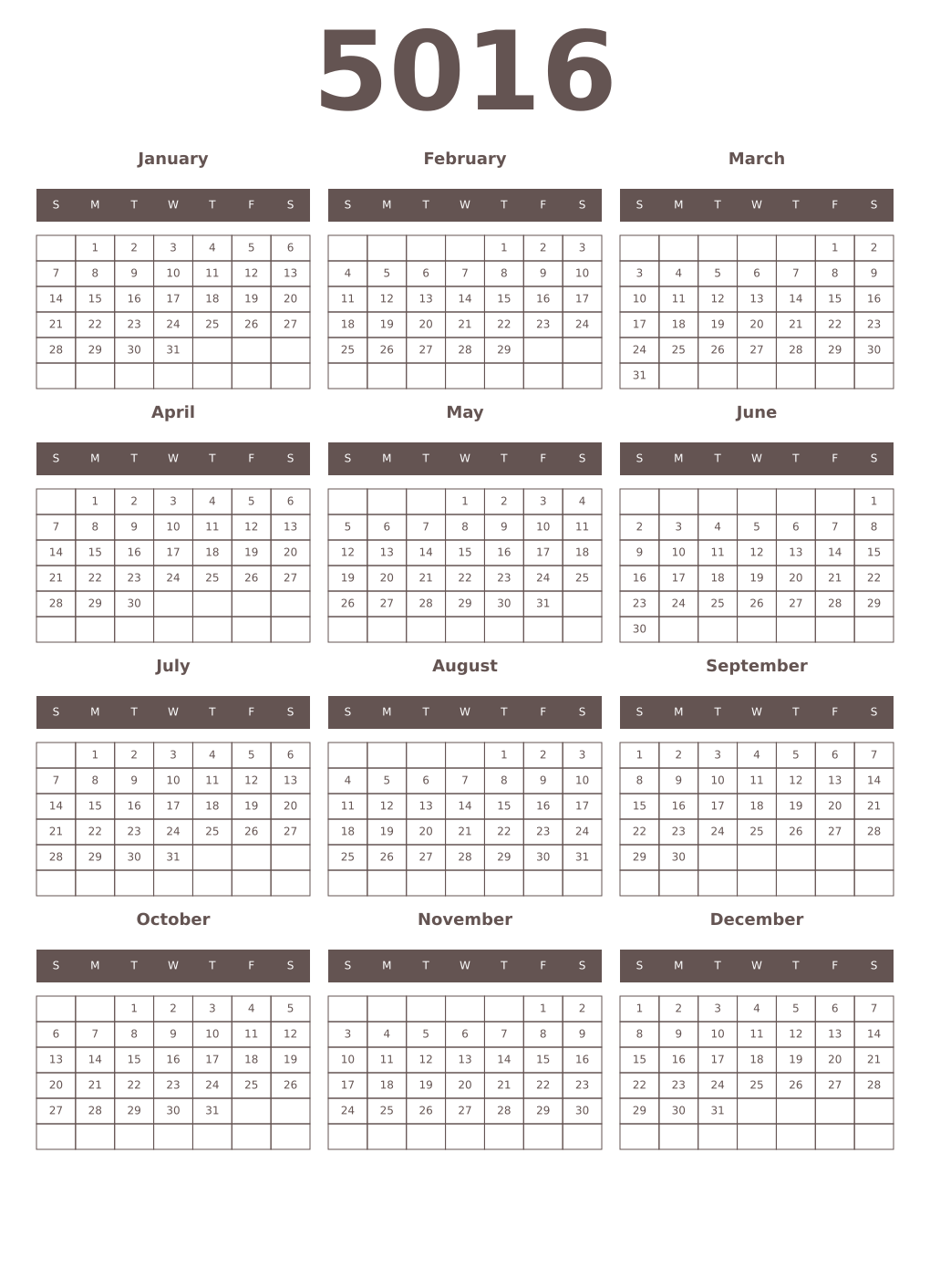 Printable 5016 Year Calendars wenge