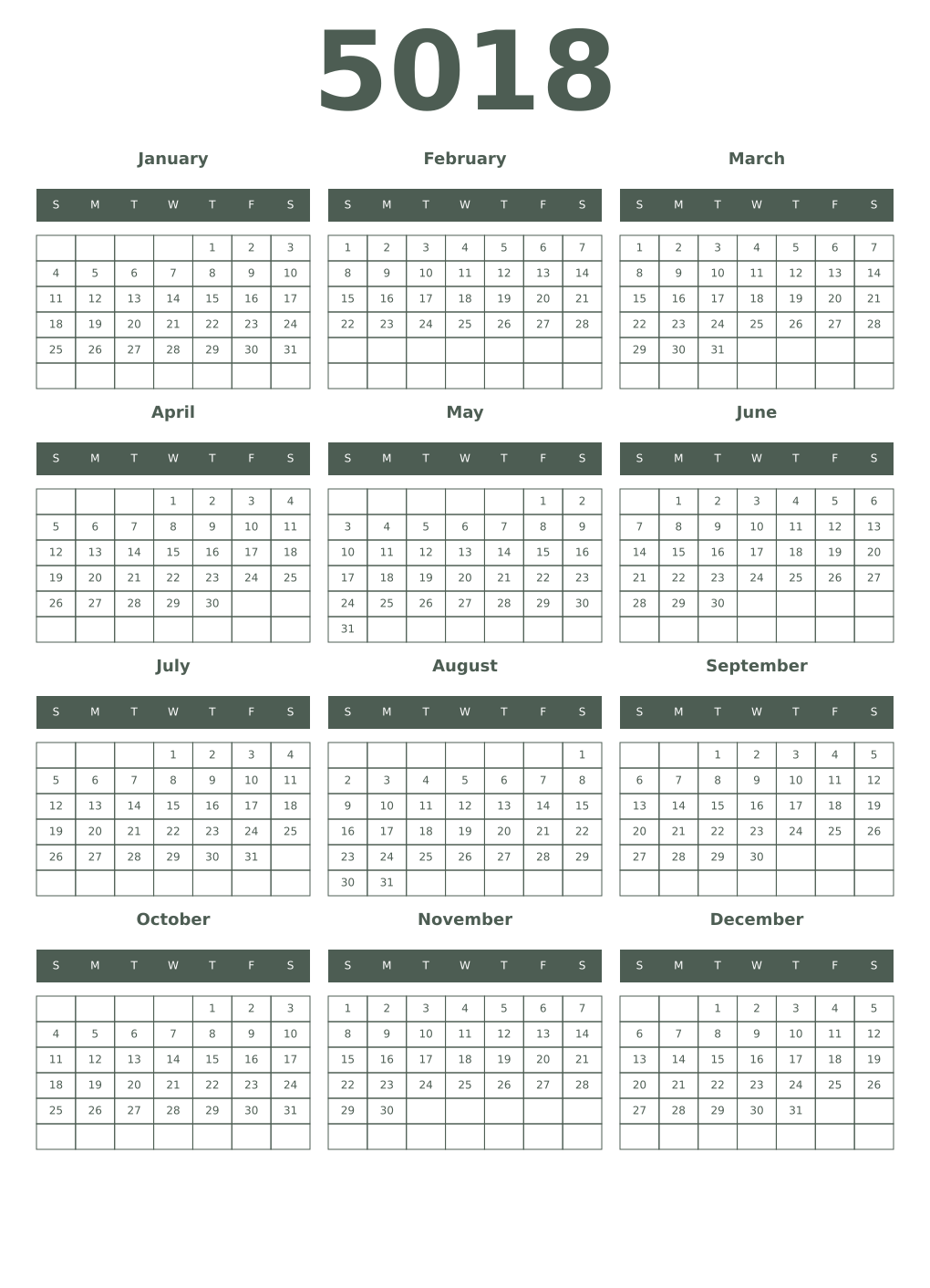 Printable 5018 Year Calendars feldgrau