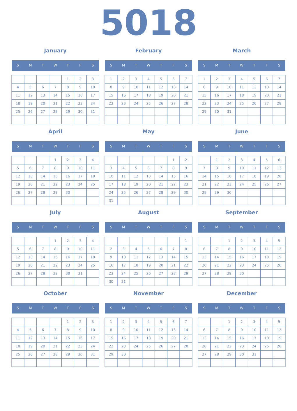 Printable 5018 Year Calendars glaucous