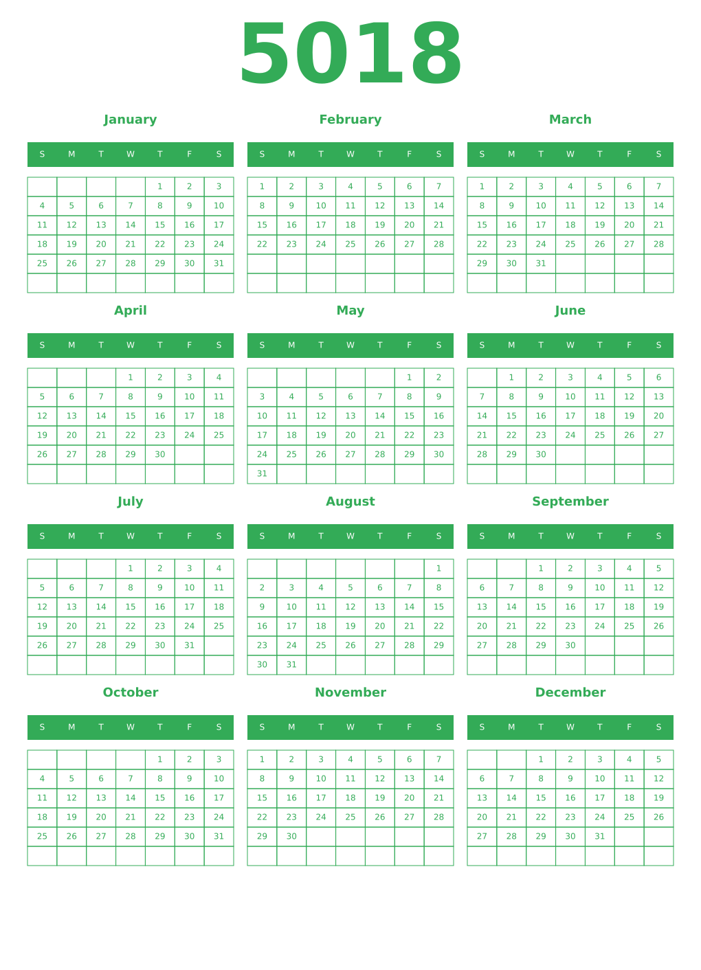 Printable 5018 Year Calendars green