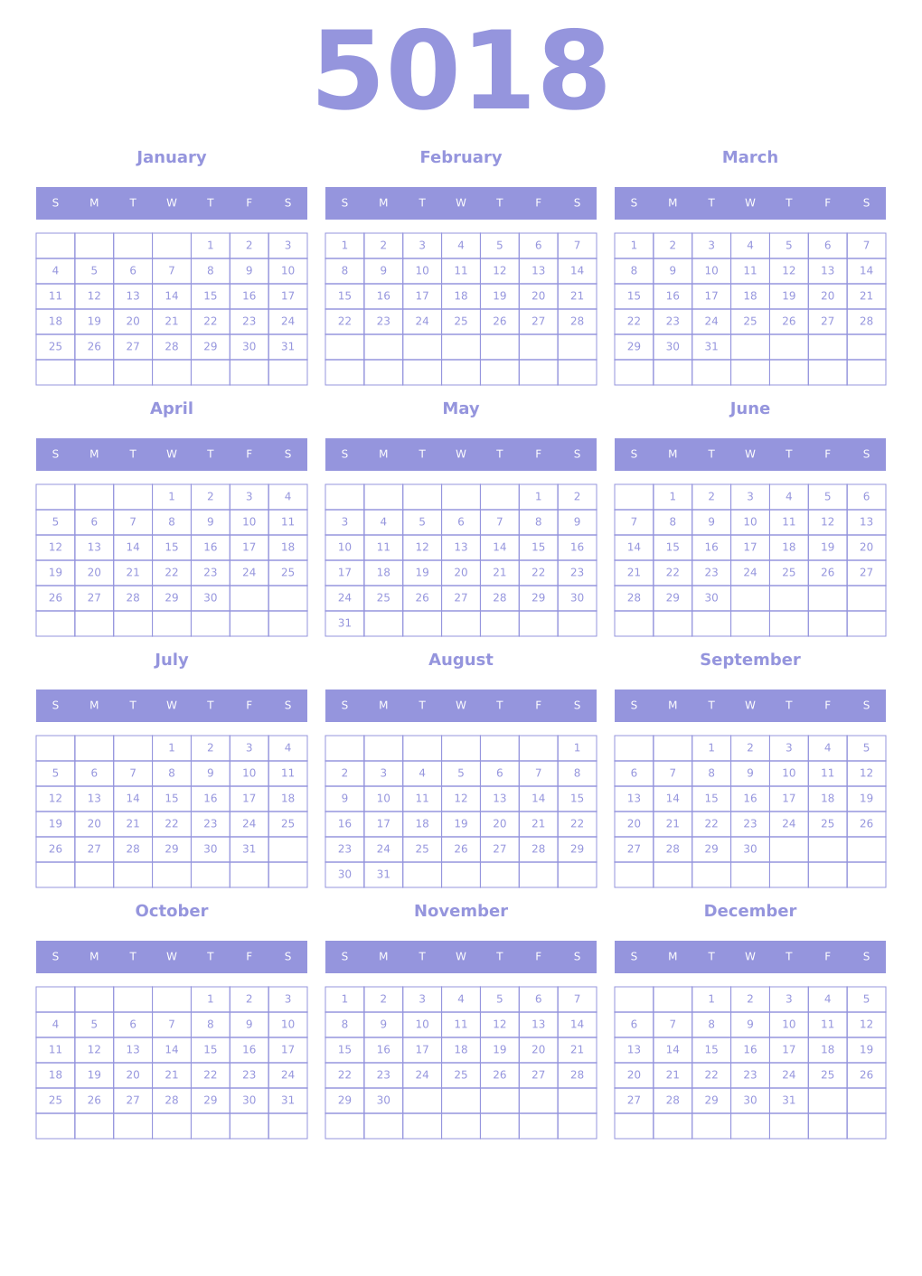 Printable 5018 Year Calendars periwinkle