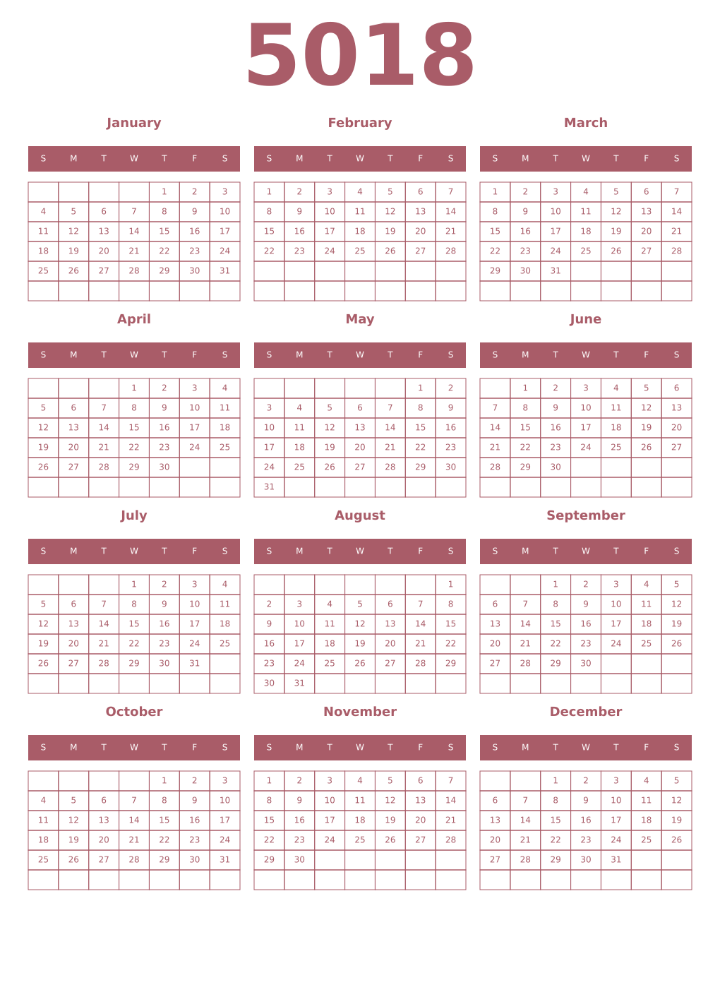 Printable 5018 Year Calendars puce