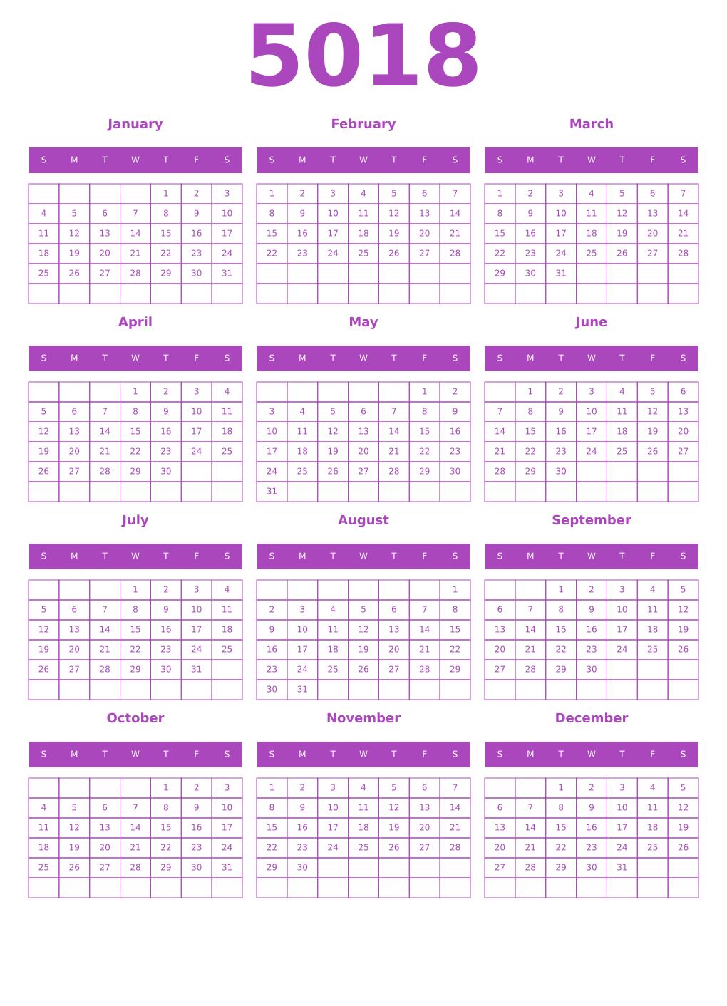 Printable 5018 Year Calendars purple