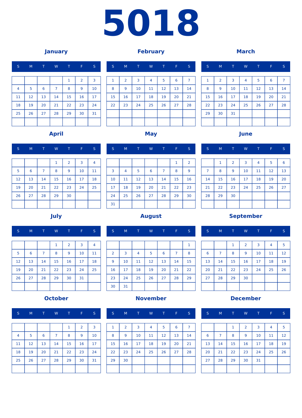 Printable 5018 Year Calendars smalt