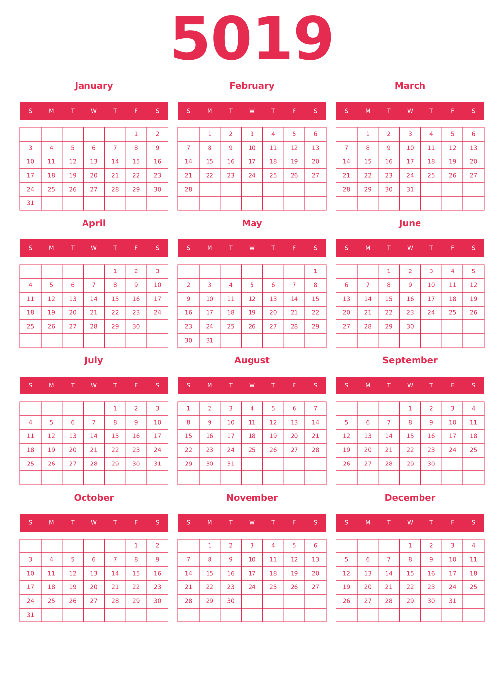 Printable 5019 Year Calendars amaranth