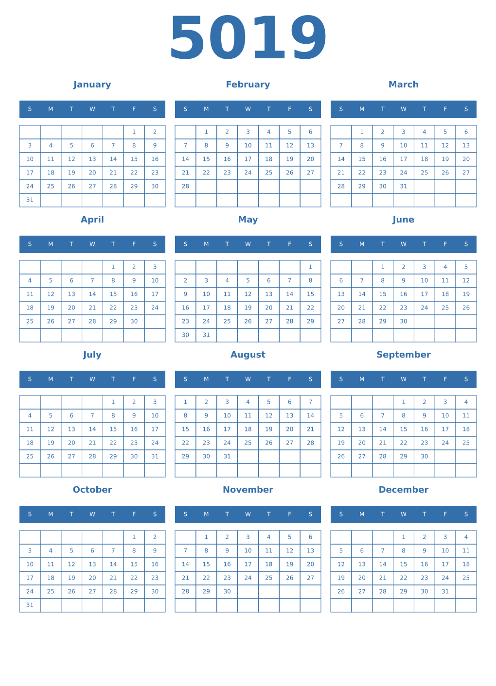 Printable 5019 Year Calendars blue