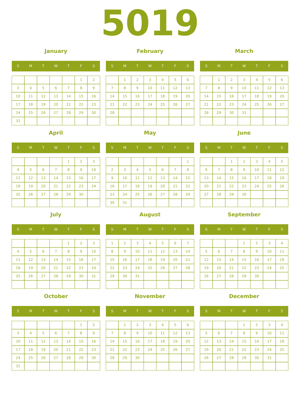 Printable 5019 Year Calendars chartreuse