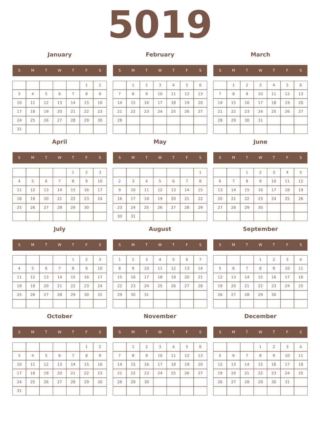 Printable 5019 Year Calendars coffe