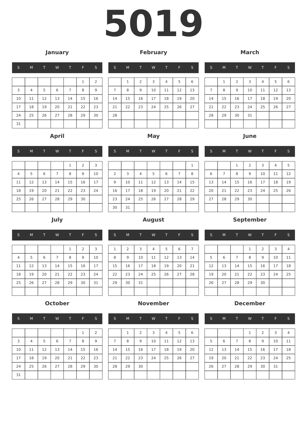 Printable 5019 Year Calendars dark