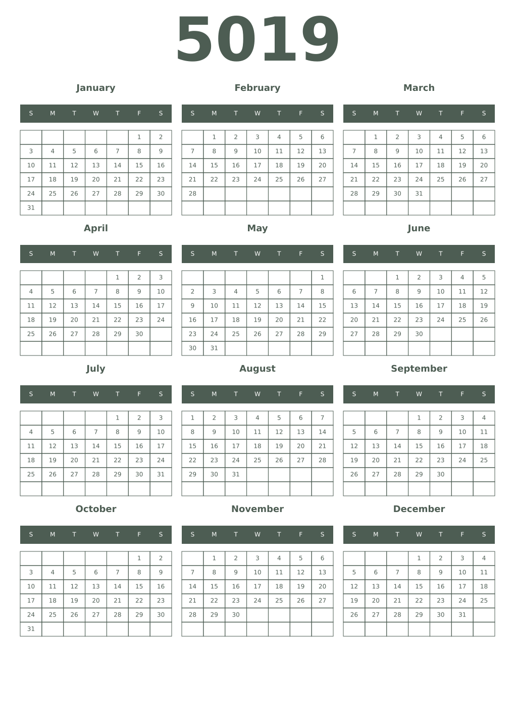 Printable 5019 Year Calendars feldgrau