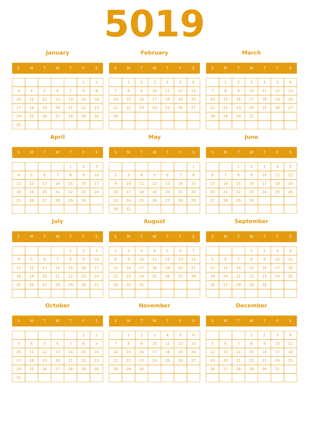 Printable 5019 Year Calendars gamboge