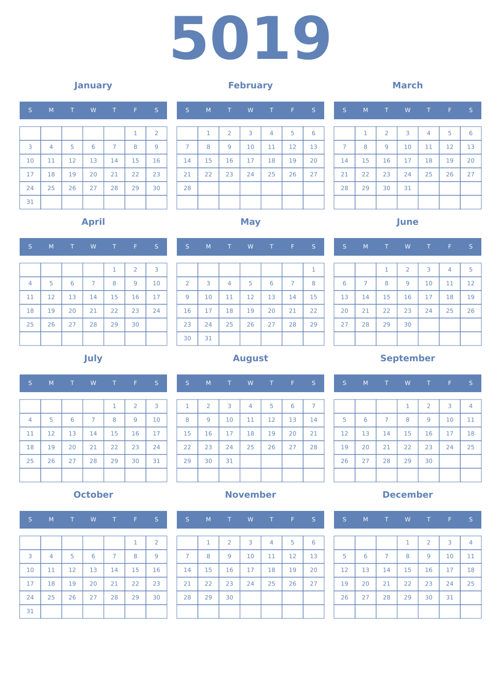 Printable 5019 Year Calendars glaucous