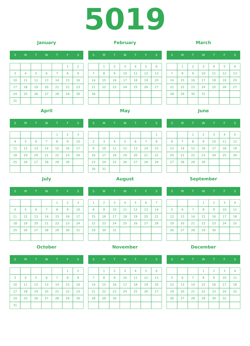 Printable 5019 Year Calendars green
