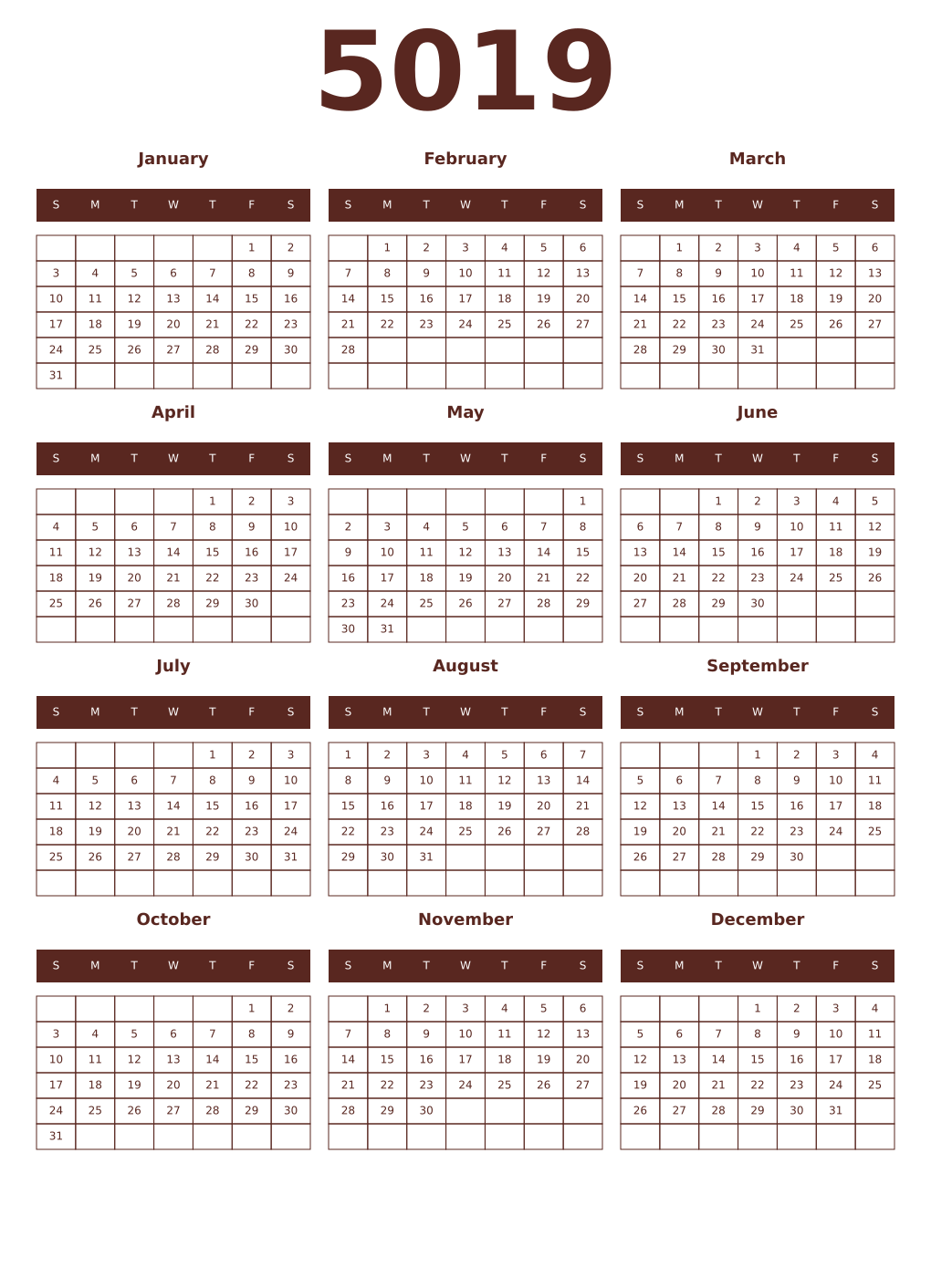 Printable 5019 Year Calendars mortuum