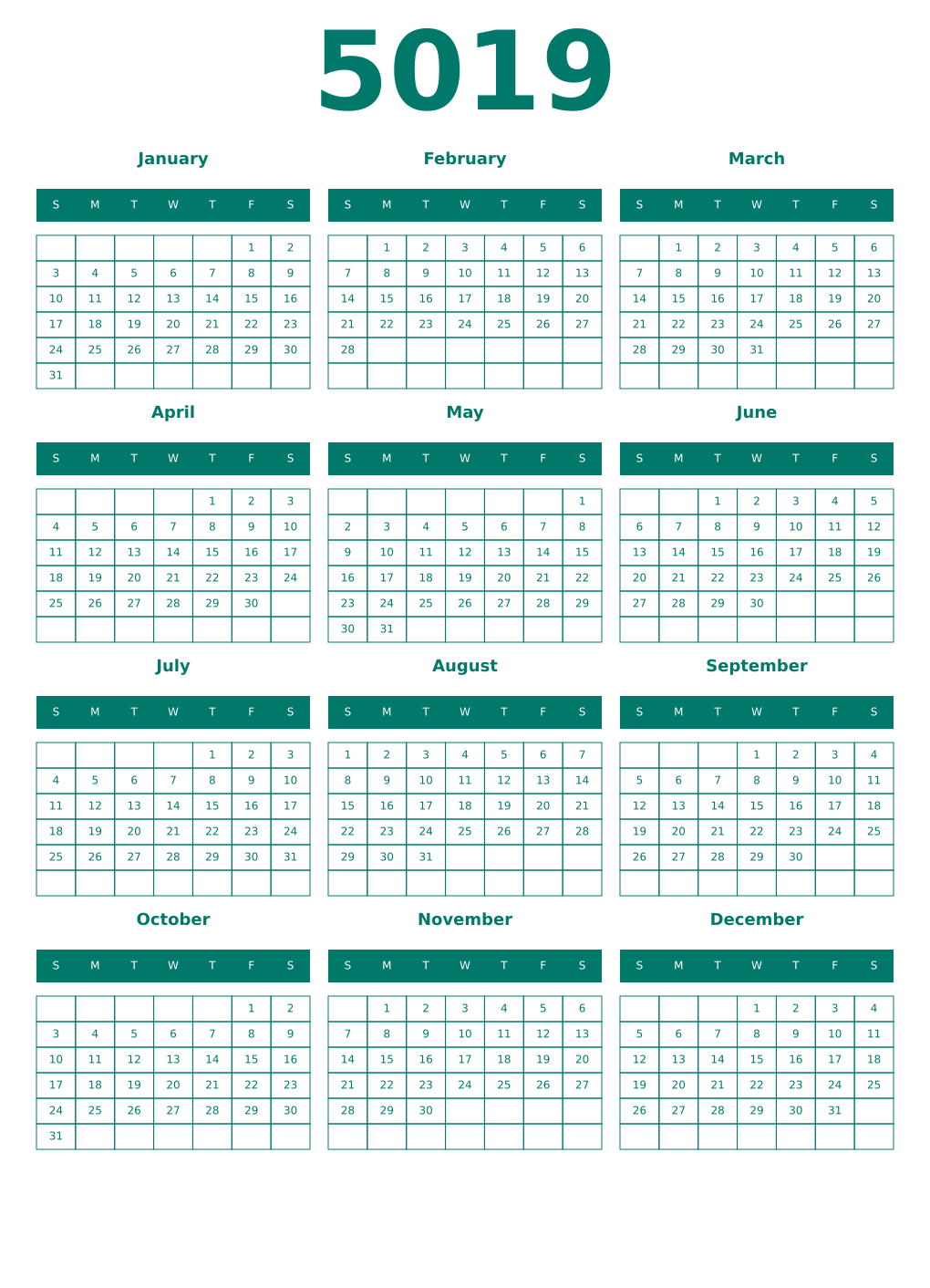 Printable 5019 Year Calendars pastel