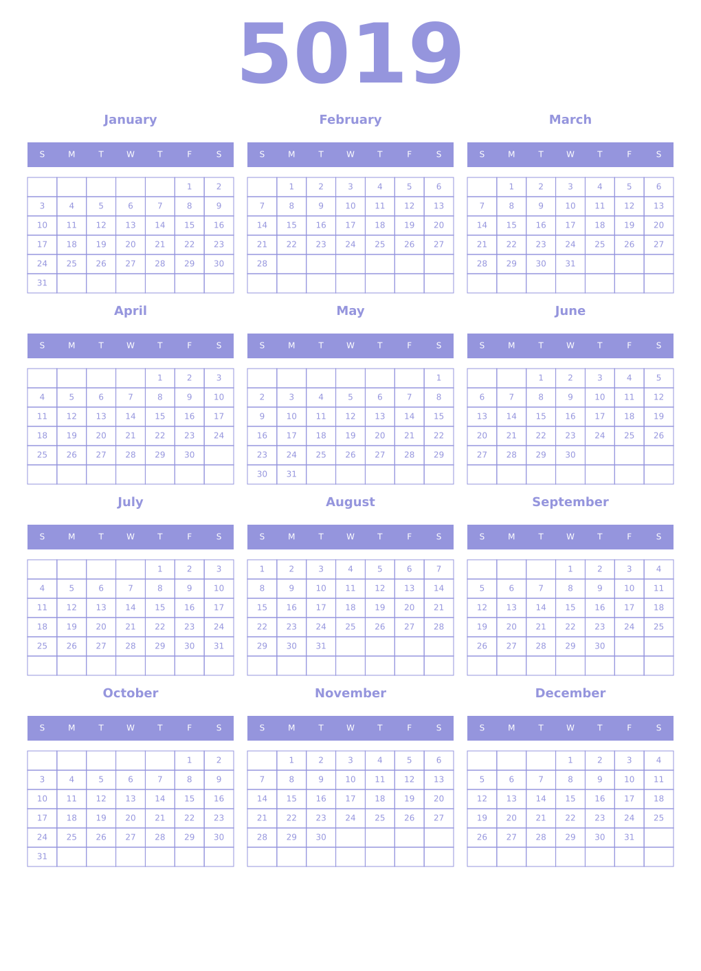 Printable 5019 Year Calendars periwinkle