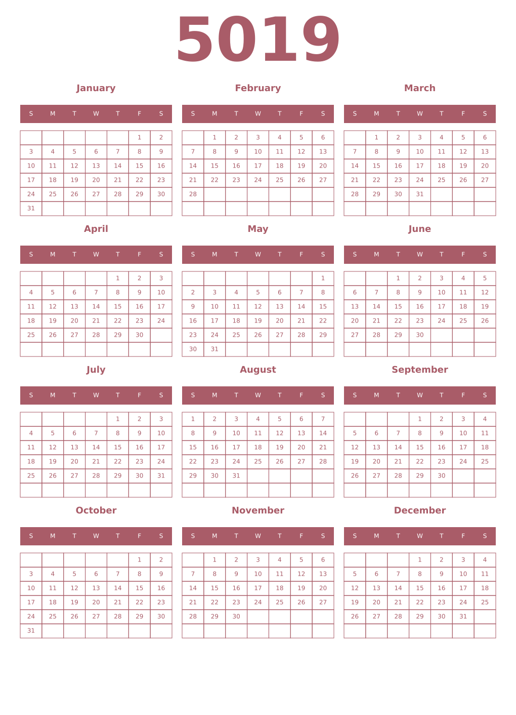 Printable 5019 Year Calendars puce