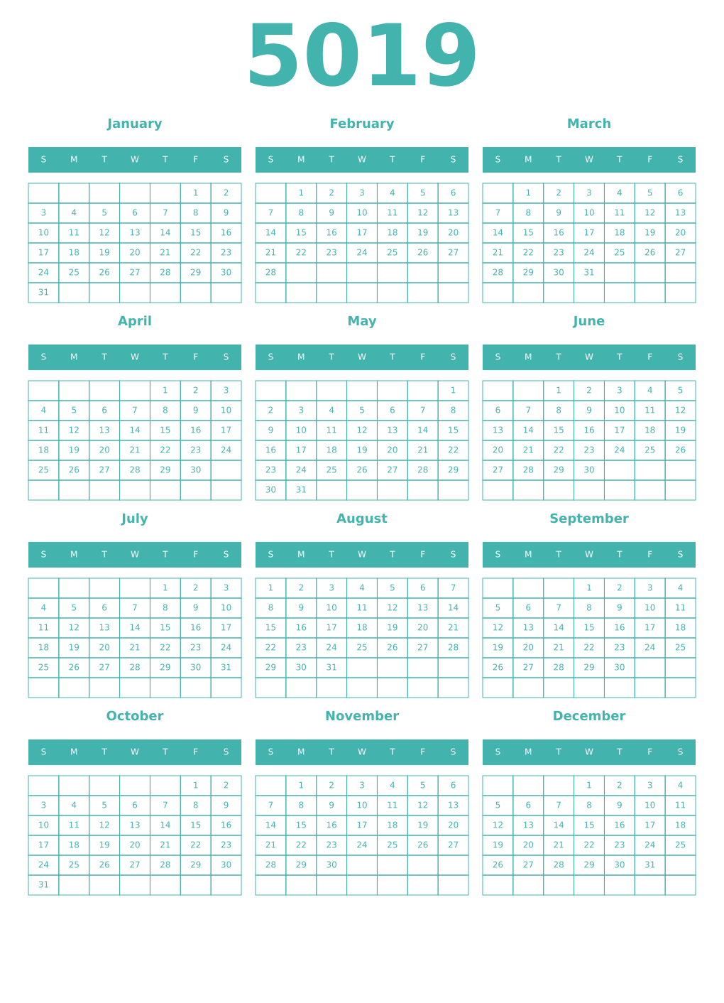 Printable 5019 Year Calendars verdigris