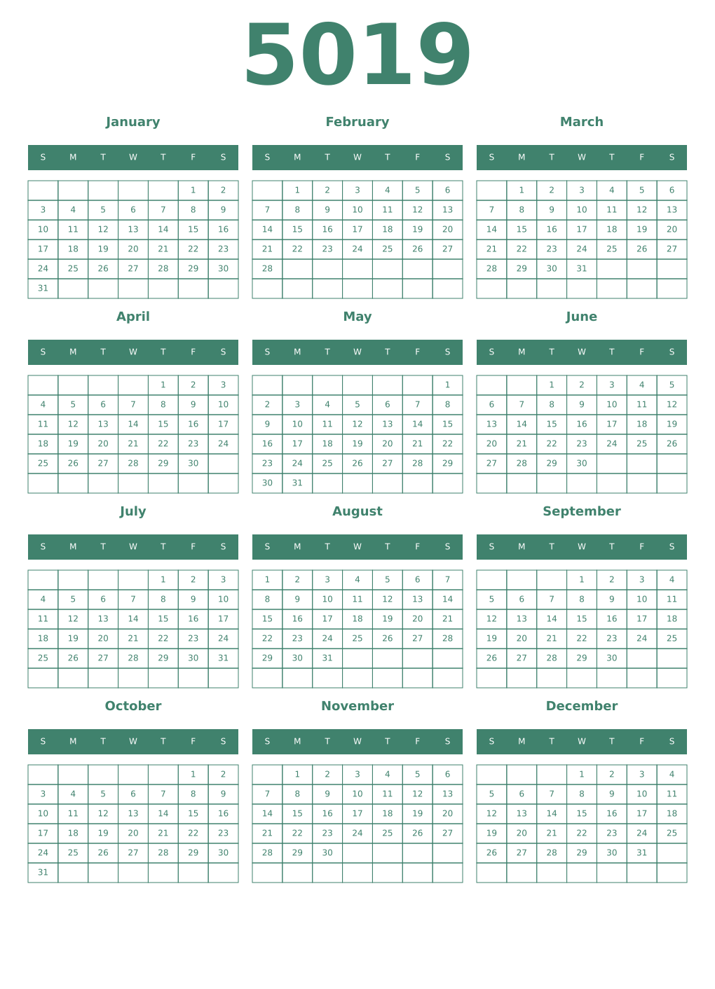 Printable 5019 Year Calendars viridian